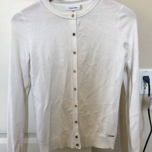 White Calvin Klein cardigan gold buttons